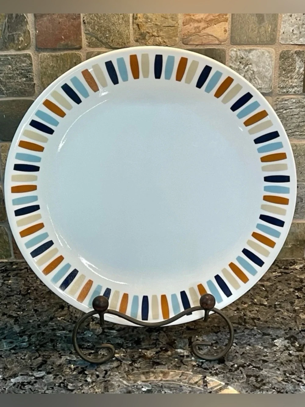 Corelle Payden 10.25” White Dinner Plates w/ Retro Blue, Tan & Navy Stripe Rim